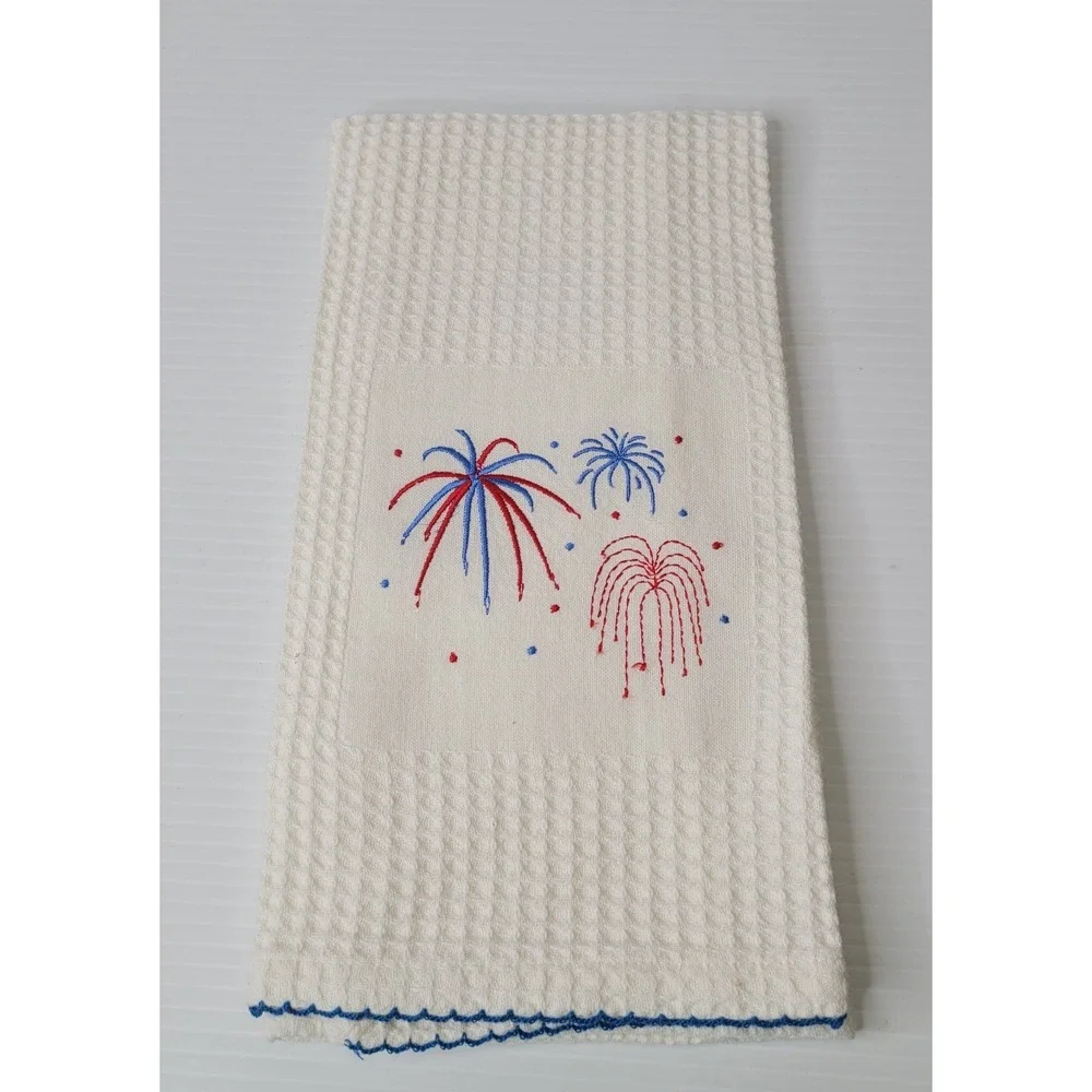 TAG Brand Dish Towel Embroidered Fireworks USA Patriotic Design White NEW RARE